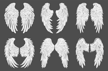 Angel wings silhouettes. White heraldic god wing set isolated, beautiful holy plumage for spiritual free fly innocence concepts