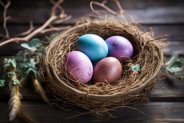 Fototapeta na wymiar Easter eggs in nest on rustic wooden planks - generative ai