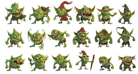Cartoon goblins isolated. Green trolls art work, trolling evil characters vector illustration