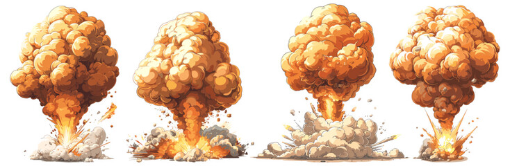 Cartoon explosion set isolated on white. Fire destruction bang with smoke clouds, comic style detonation boom designs