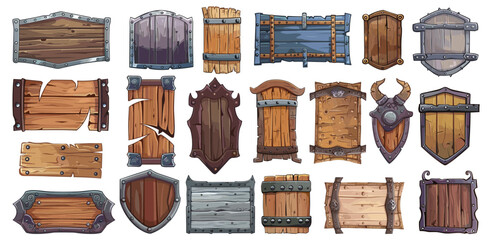 Cartoon viking warriors style empty panels. Norwegian blank frames made of metal leather wood with rough jagged borders for game dashboards isolated on white