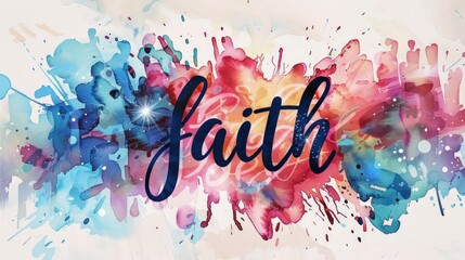 A vibrant watercolor splash background with the word "faith" written in cursive