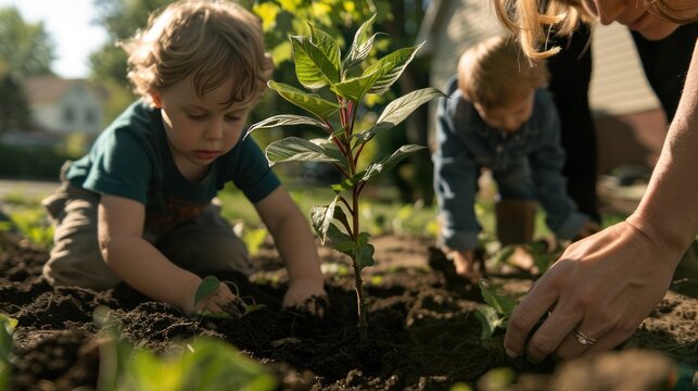 Photos of families doing activities together, such as planting trees, full of fun 