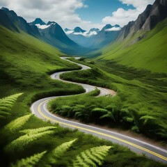 Aerial top view beautiful curve road on green forest in the rain season.