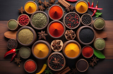 Set of various multicolored spices in jars over dark background. Top view, close up, flat lay.