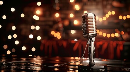 Close up stage microphone with red curtains and bokeh. Theatre, cabaret comedy show or opera music c - obrazy, fototapety, plakaty