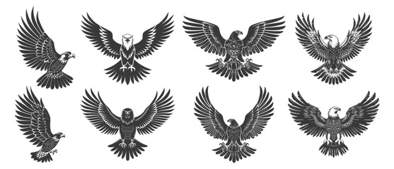 Heraldic eagle labels. Black flat eagle tattoos emblems, falcon with wings silhouette patriotic symbols - 767234619