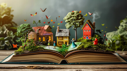 Open book with fairy tale houses and birds flying around. Mixed media