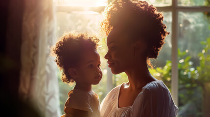 Portrait of a mother and daughter looking at each other at home. 