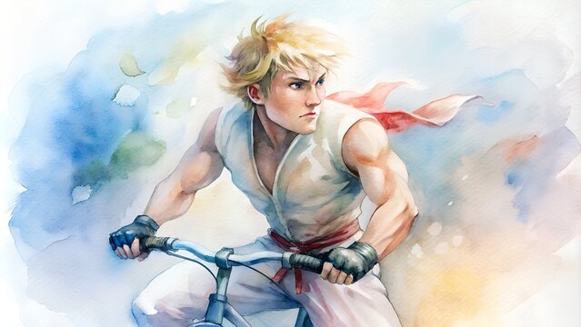 Martial Arts Fighter on Bicycle Watercolor Painting
