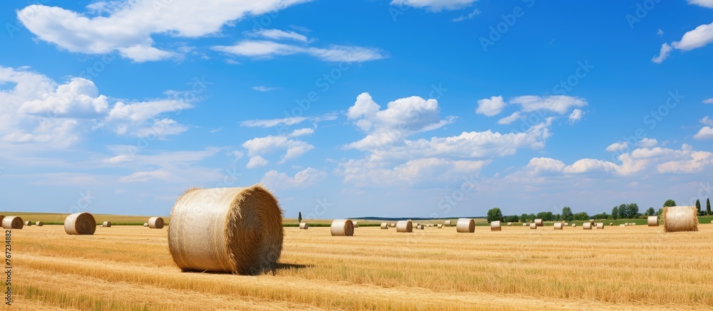 Poster a close view of a field with straw bundles and a sky