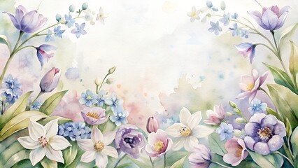 Watercolor Border of Spring Flowers - Hepatica, Lily of the Valley, and More - obrazy, fototapety, plakaty