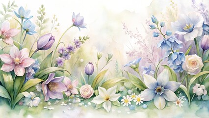 Fototapeta na wymiar Border Watercolor Spring Flowers Illustration