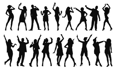 Party people silhouettes. Drinking and dancing men and women characters, funky adult and teenagers dancers friends poses - obrazy, fototapety, plakaty