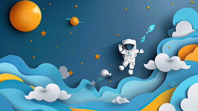 A blue background with planets, stars and an astronaut in the sky on top of it, in the style of paper cut vector illustration
