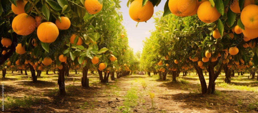 Poster a field of oranges with trees in the background