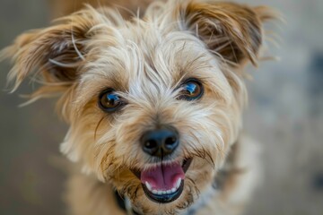 Joyful Yorkshire Terrier Close-Up on a Blurred Background