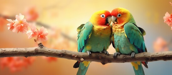 Two colorful birds perched on branch with flower background