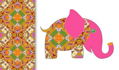 Obraz premium Cartoon elephant illustration and seamless artistic pattern, colorful hand drawn ornament. Cute childish design. Vector doodle background for wallpaper, pattern fills, textile fabric print