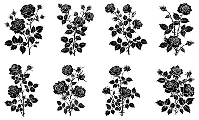 Roses silhouettes collection. Rose motifs black graphics, blossom flowers shapes stencils illustration