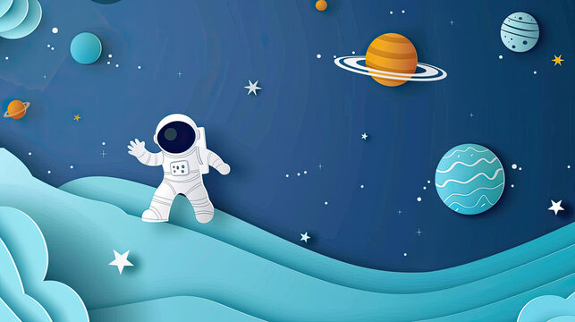A blue background with planets, stars and an astronaut in the sky on top of it, in the style of paper cut vector illustration