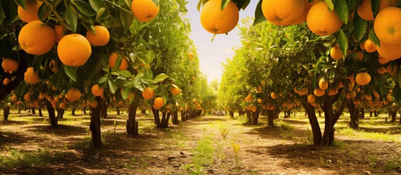 A field of oranges with trees in the background