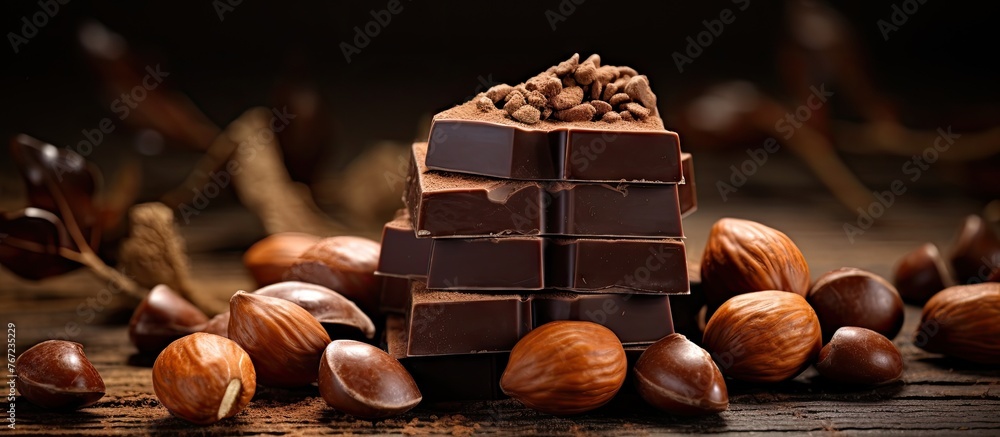 Poster a close up of assorted chocolate and nuts on a table