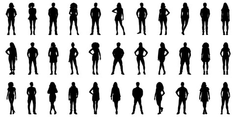 Teenagers black stencils. People silhouettes, male and female outline shadows, person models shadows, personalized drawings isolated on white