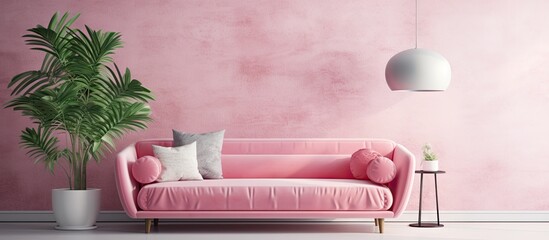 Pink sofa, cushions, and plant in room