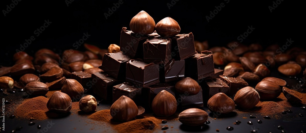 Poster Chocolate and nuts on a table with a dark background