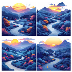 Travel mountain road scenery. Blue forest paradise landscape, winding highway among hills countryside - 767235465
