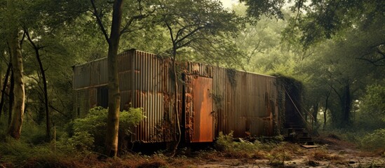 Rusted train car in forest - obrazy, fototapety, plakaty