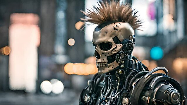 Cyberpunk robot criminal hacker. Science fiction skull faced cyborg with mohawk hair motion