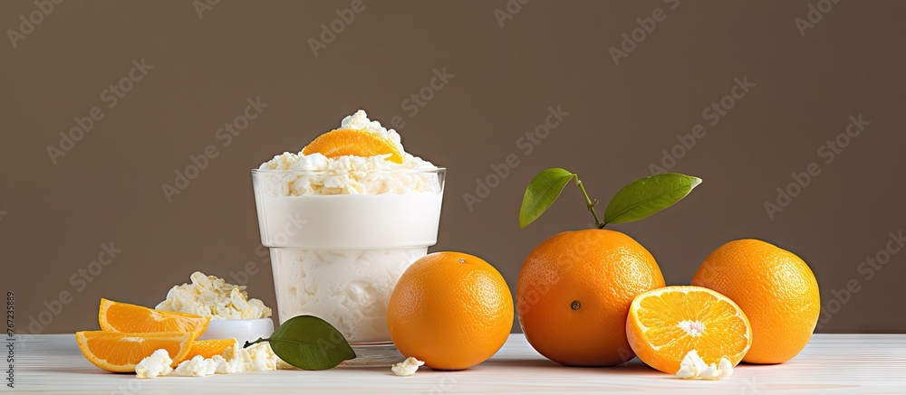 Sticker Oranges and a glass of milk on table