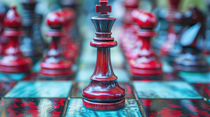 A chess board with a red king in the middle surrounded by other red pieces in the background, including pawns and rooks. Symbol of strategy and competition.