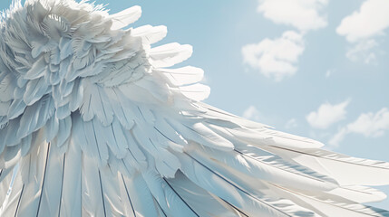 Angel wings on a background of blue sky with white clouds. Close-up.