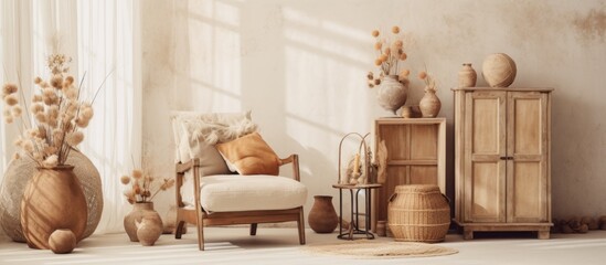Fototapeta na wymiar An interior design featuring a living room in a house with hardwood flooring, wooden furniture, and vases for a comfortable and cozy atmosphere
