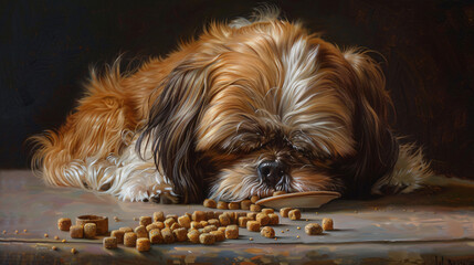 the anticipation of mealtime with a hyperrealistic image of a Shih Tzu eating kibble.