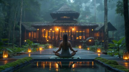 Meditation at tropical resort during rain