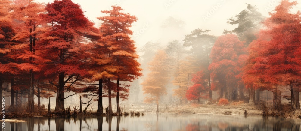 Poster trees with red leaves reflected in lake fog