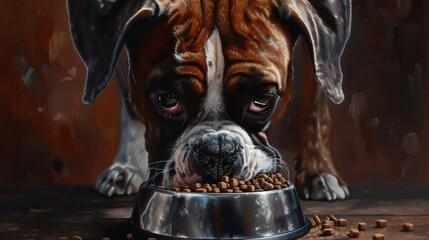 the anticipation of mealtime with a hyperrealistic image of a Boxer eating kibble from a dog bowl. 