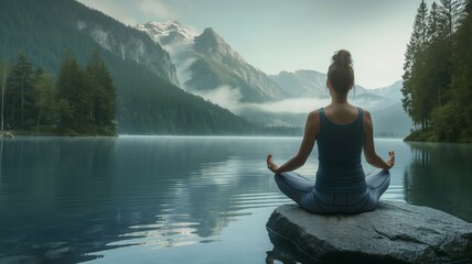 Woman meditating by a mountain lake