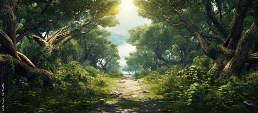 Poster a path cutting through a dense forest with tall trees and lush grass