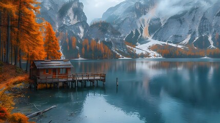 Colorful autumn landscape in Italian Alps, Naturpark Fanes-Sennes-Prags, Dolomite, Italy, Europe. Beauty of nature concept background 