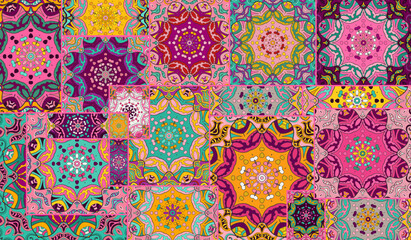 Vector patchwork quilt pattern. Vintage decorative collage. Hand drawn background. Indian, Arabic, Turkish motifs for printing on fabric or paper. Abstract colorful doodle pattern in mosaic style