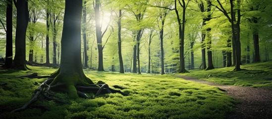 Zelfklevend Fotobehang A serene path cutting through lush green woods © Ilgun