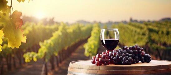 Wineglass, grapes, and barrel in vineyard
