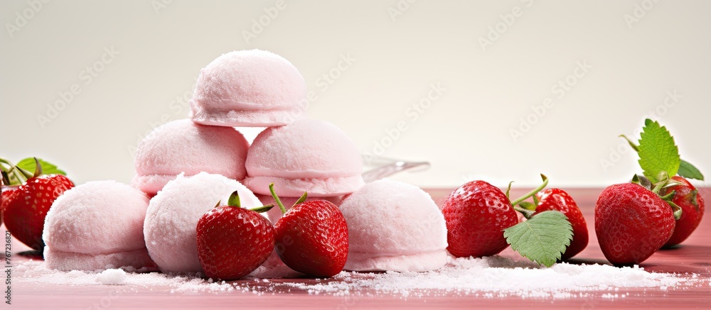 Poster many strawberries and a sugar heap on the table