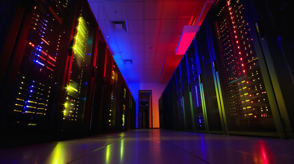 Low angle view inside a modern data center server room with rows of hardware and vibrant LED lights illuminating the space - obrazy, fototapety, plakaty