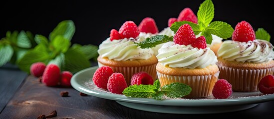 Cupcakes with white frosting and raspberries on a plate